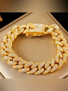 Gold-Tone Stainless Steel Cuban Link Bracelet with Crystal Pavé